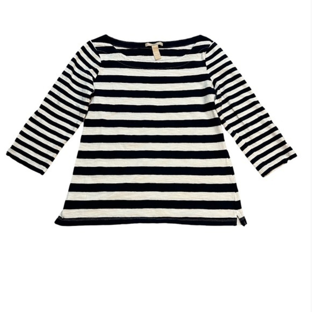 Banana Republic Women's Nautical Navy and White Striped 3/4 Sleeve Boat Neck Top